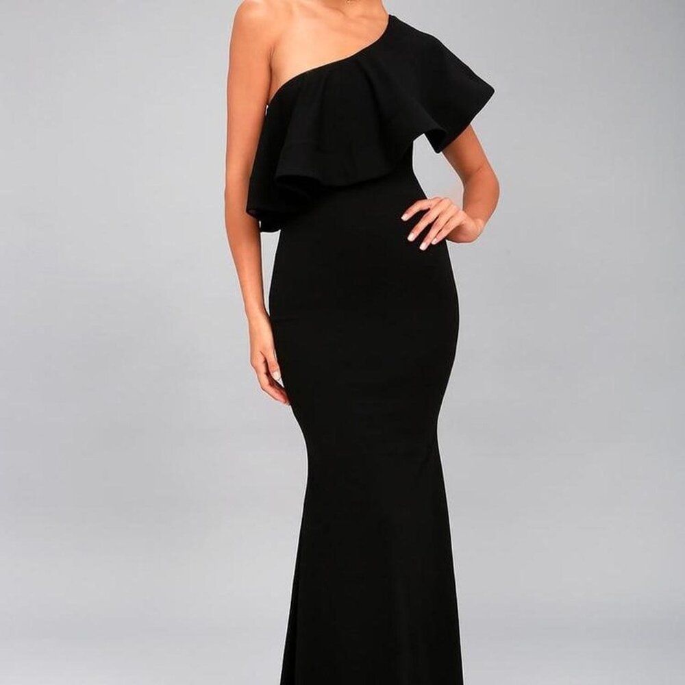 Grand Beauty Black Ruffled One-Shoulder Mermaid Maxi Dress